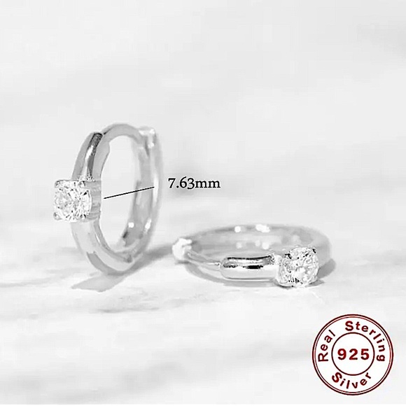 Sterling Silver Diamond Hoop Huggie Minimalist Earrings - Picture 2 of 4